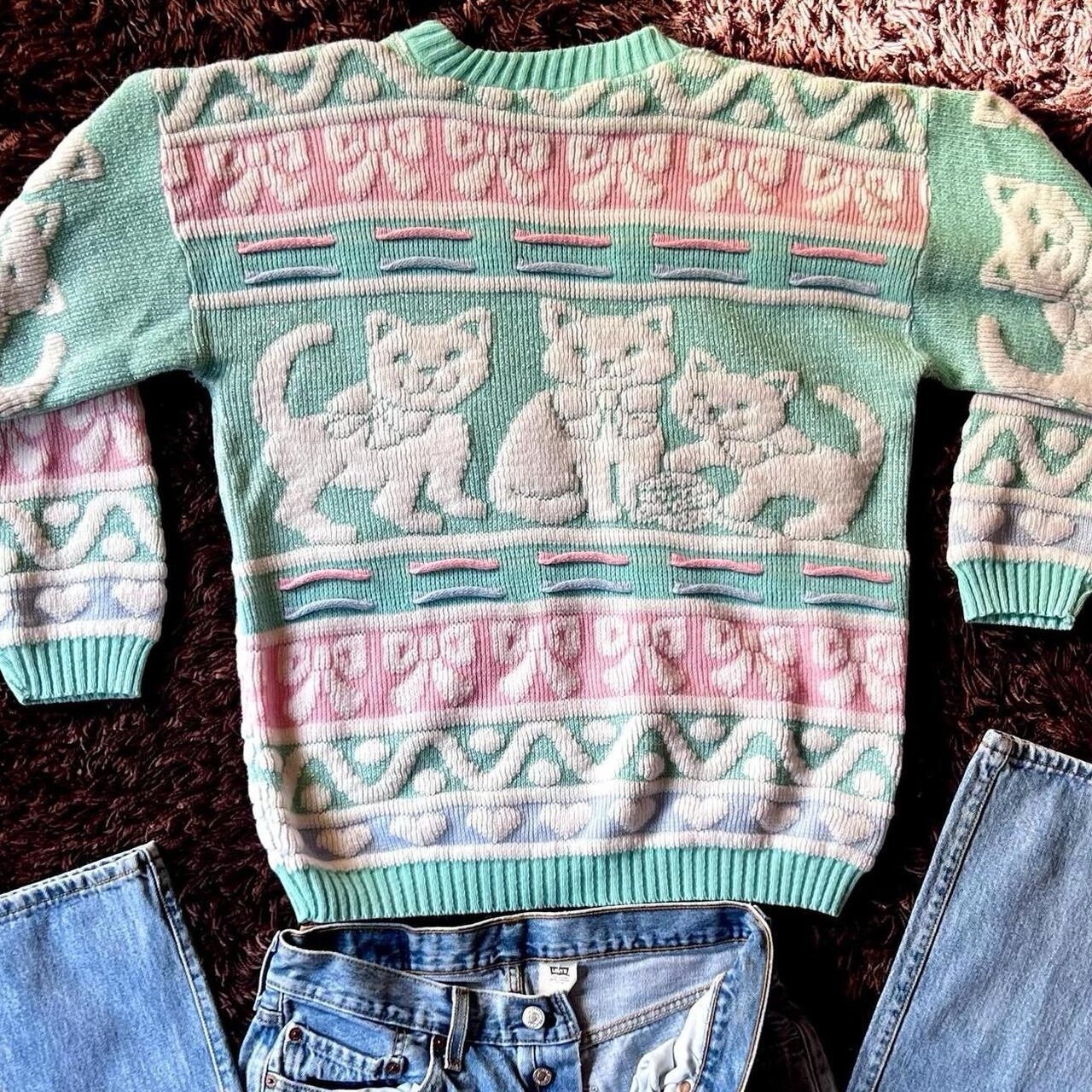 VTG 80/90s Rose pastel teal, purple, pink and white cat sweater Large *has hole*