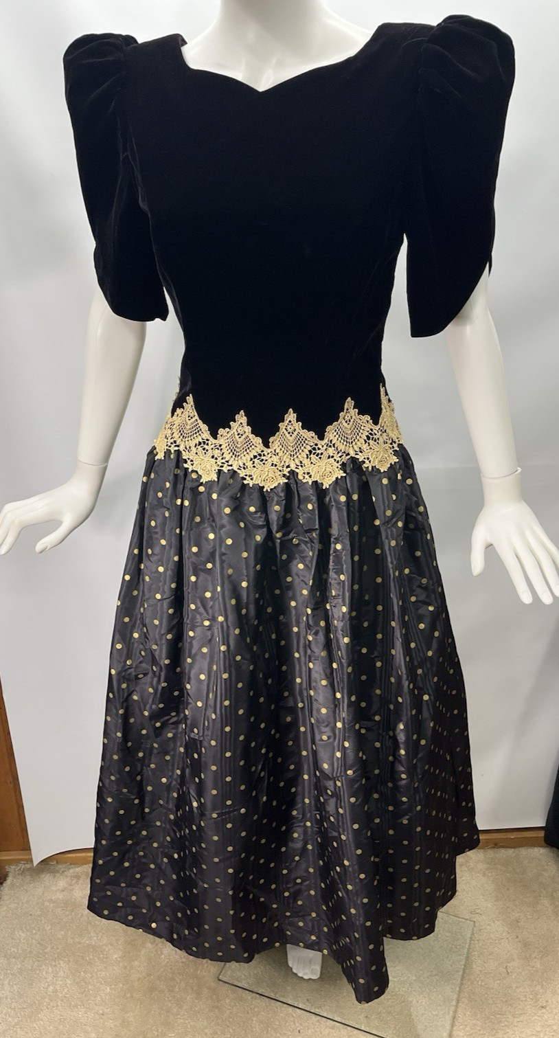 Vtg Scott McClintock Gunne Sax Black Gold Velvet Tafetta Gown Dress Crinoline M