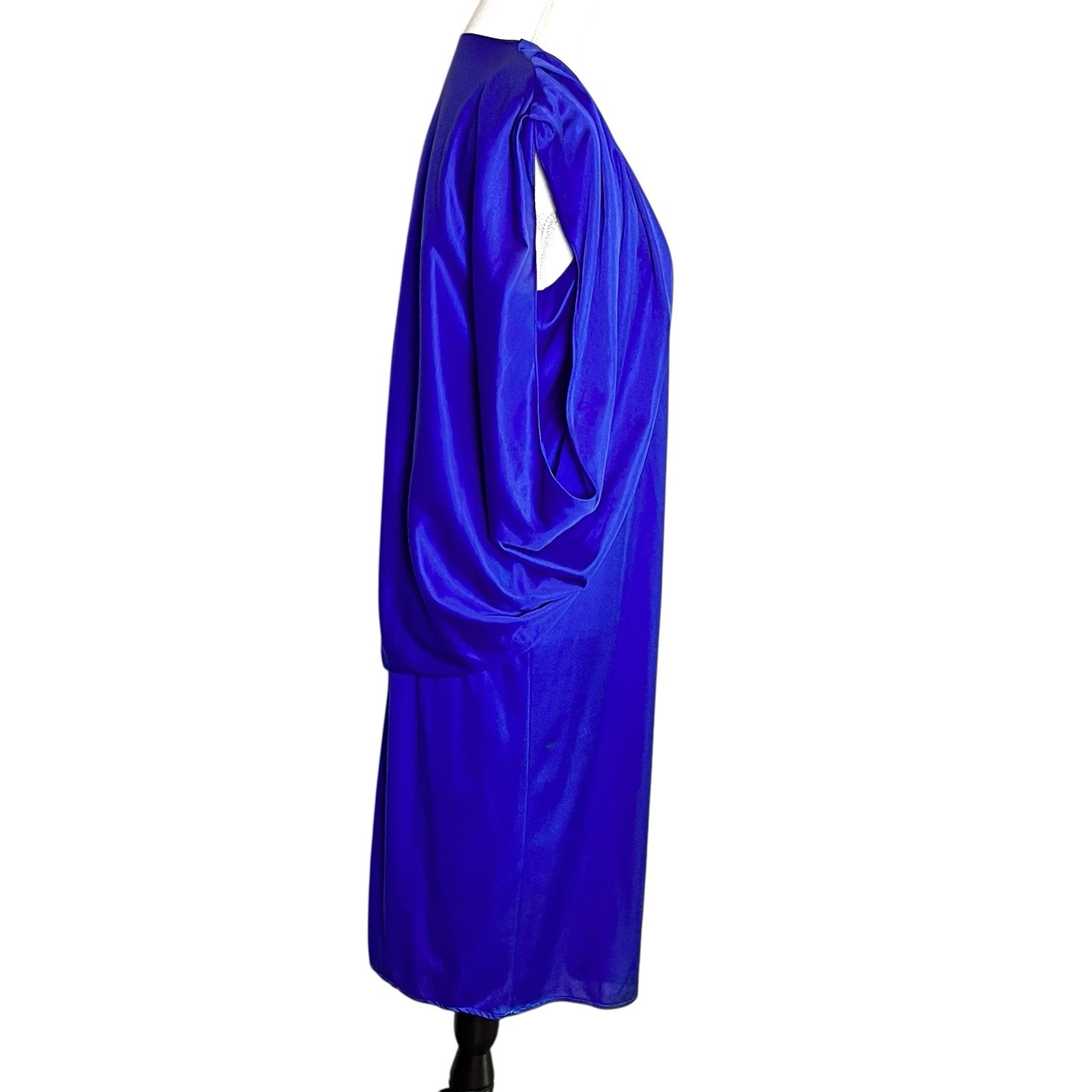 Vintage Royal Blue Satin 2 Pc Dress Set Drape Jacket Slip Midi Formal Evening M