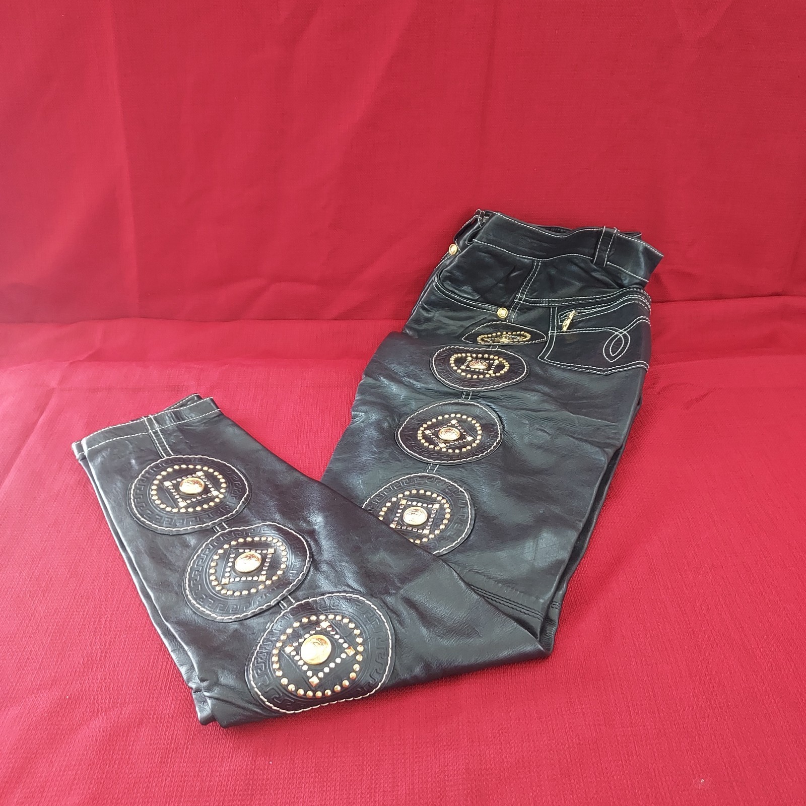 1991/92 GIANNI VERSACE COUTURE Black Leather Embroidered Studded Pants & Belt