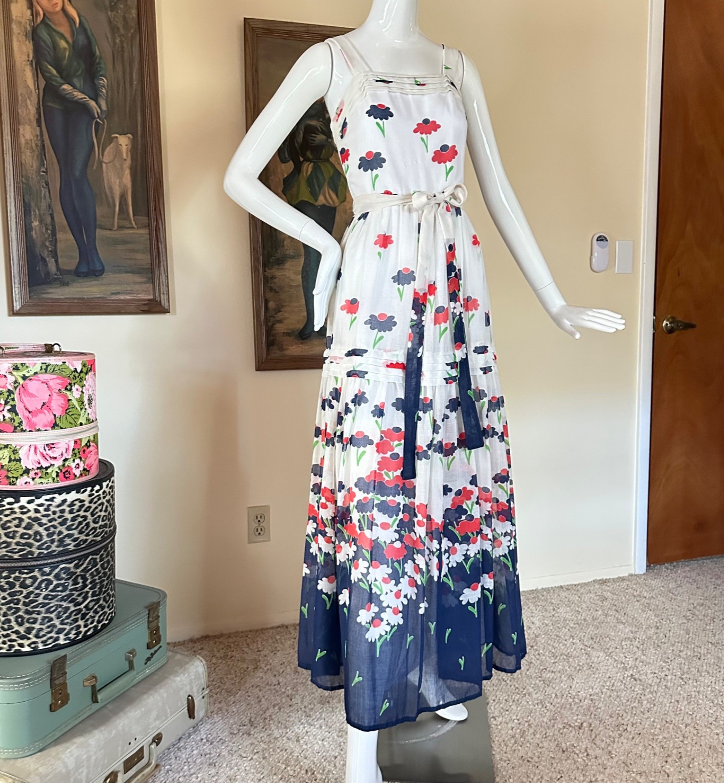 Vintage 1970s Hippie Daisy Garden Maxi Dress Red White & Blue Sundress S