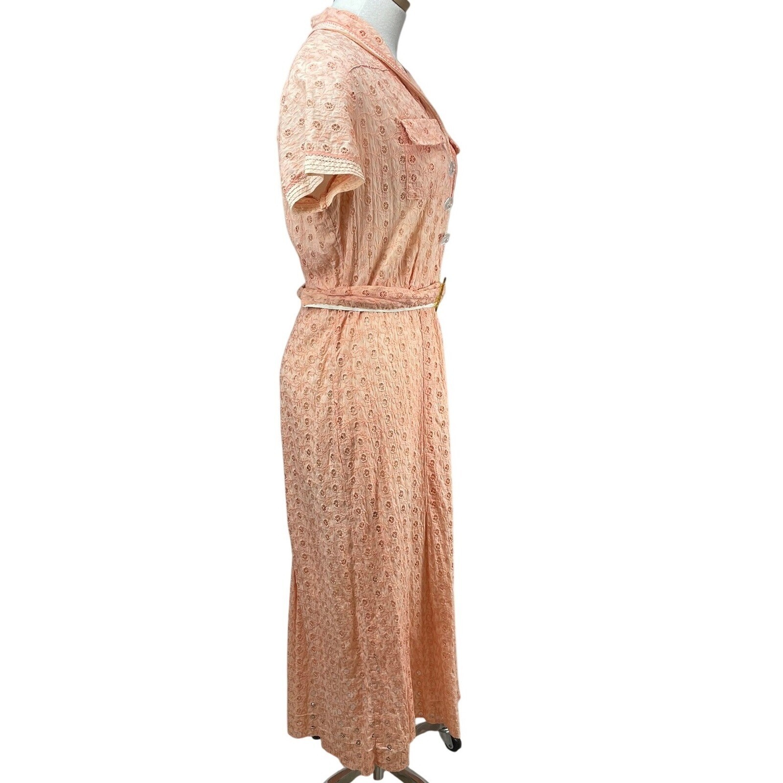 Vintage Womens (M/L) 50s Peach Eyelet Dress Boho Prairie Buttons Western Sheer