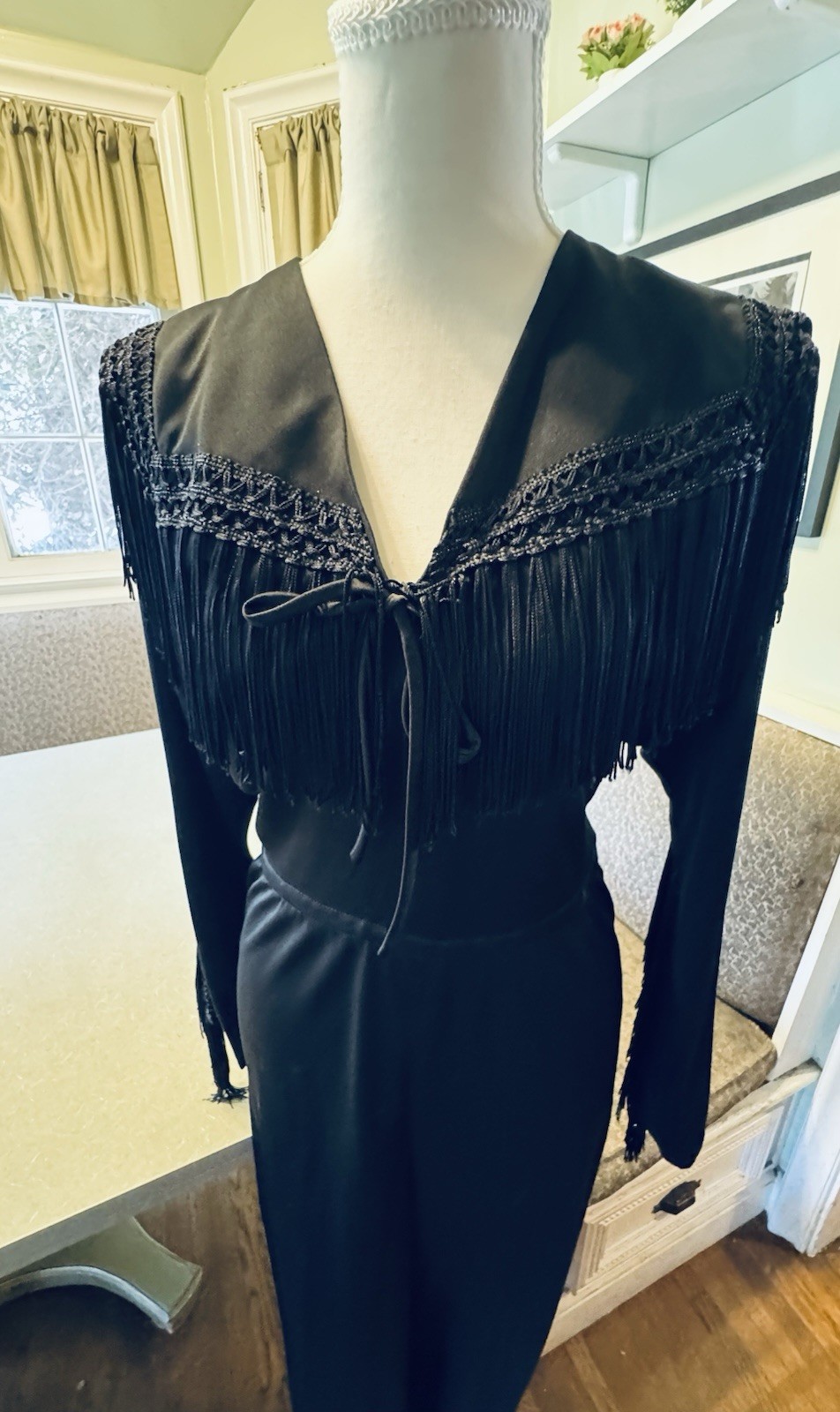 Vintage Frederick’s of Hollywood Black Fringe Disco Jumpsuit Wide Leg Boho S/M