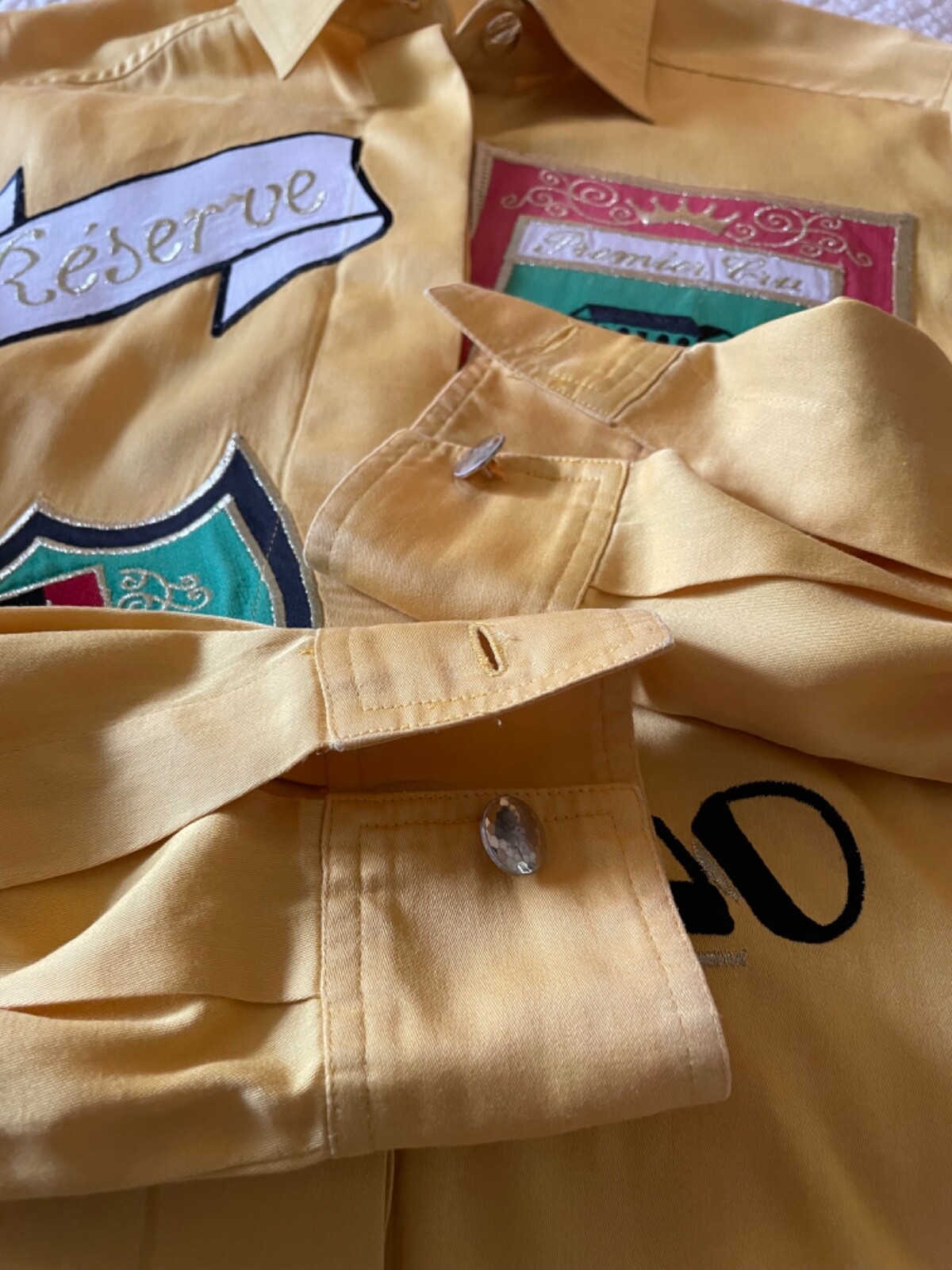 Rare Vintage Multi Motif French Wine Patches Designer Yellow Women’s Shirt – S