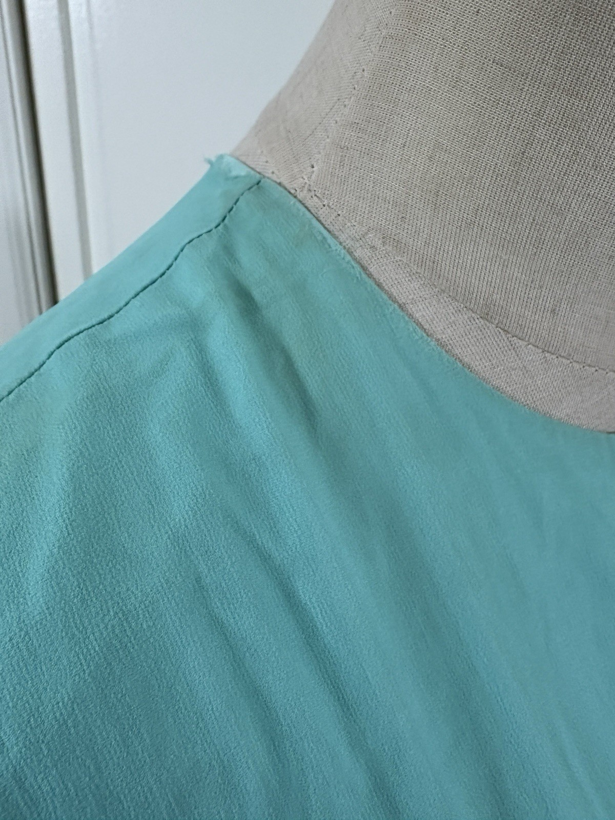 Vtg 70s Teal Blue Chiffon Maxi Dress Beaded Emblishment Sheer Sleeves 26” W
