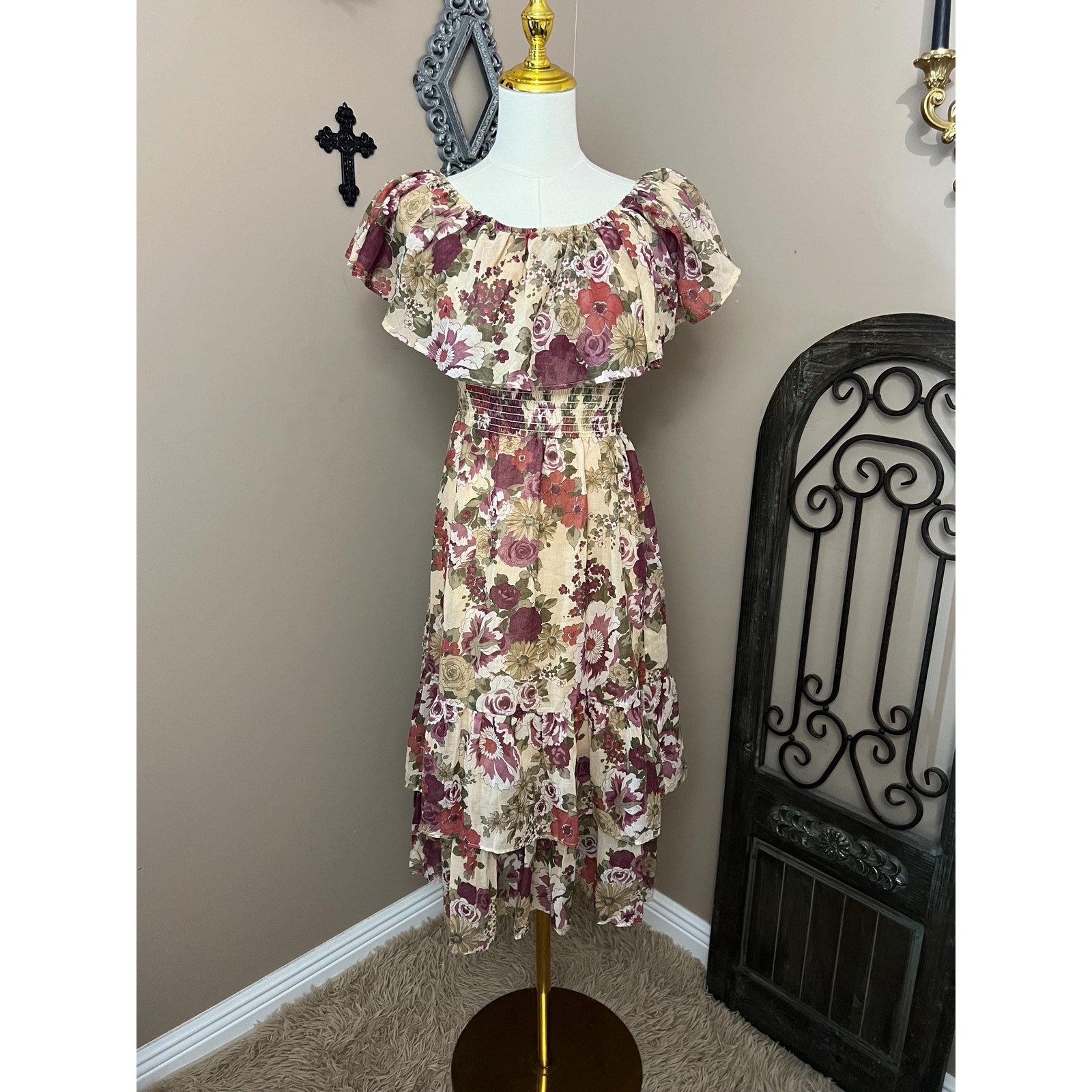 Vintage 70s Earthy Floral Off Shoulder Dress Retro Boho Cottagecore Size Medium