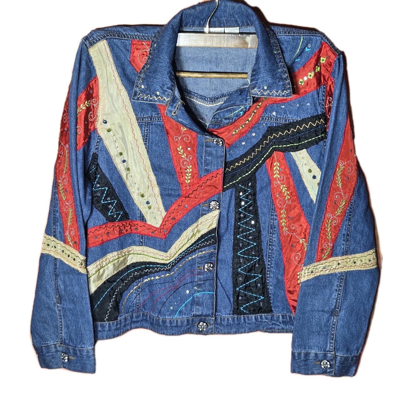 Bleu Bayou Womens Grannycore Jacket Casual Denim Jacket Coat Patchwork Size XL