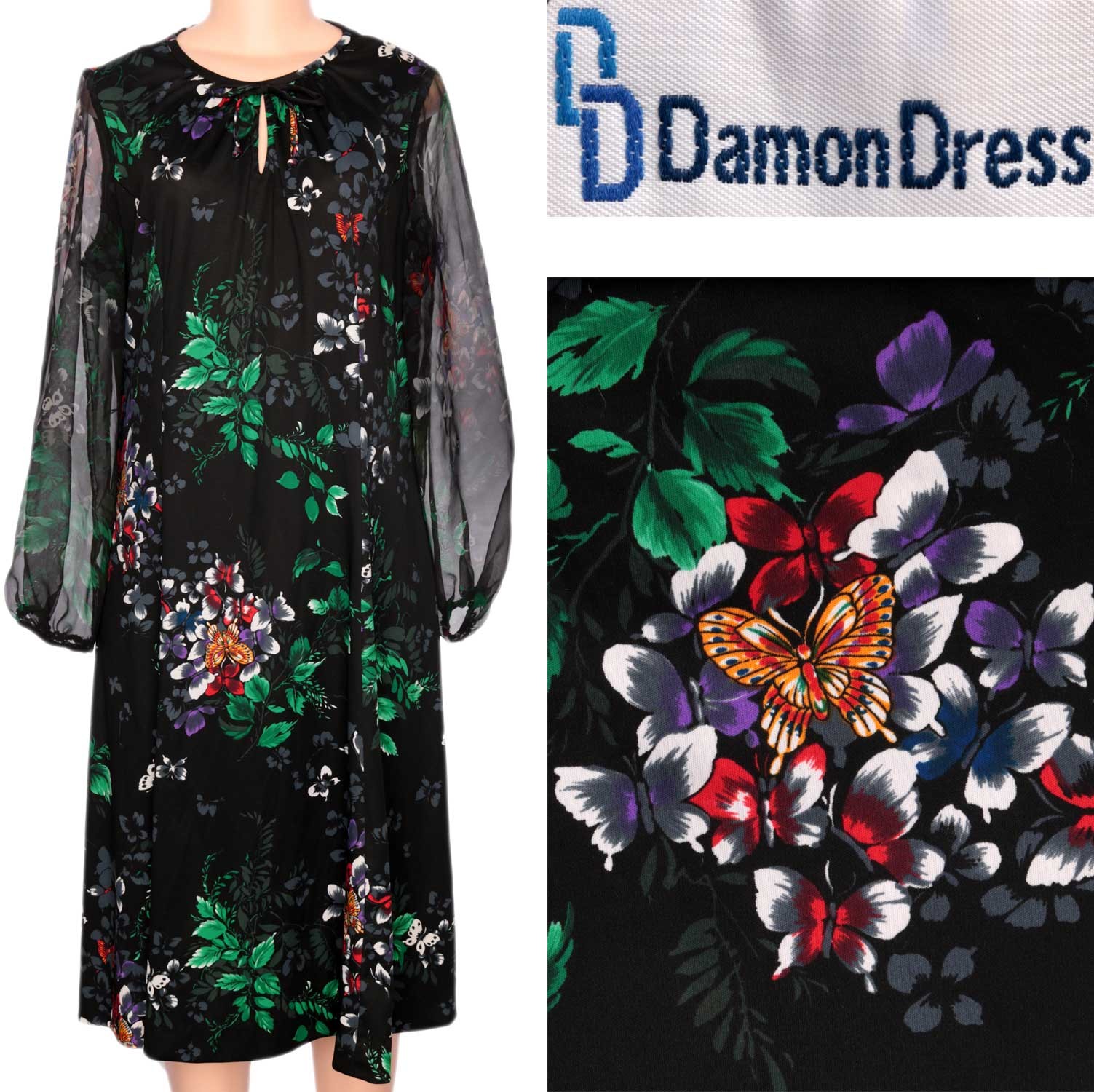 1970s Vintage Dress Black Floral Gothic Green Witchcore Boho Fall Sheer Sleeve L