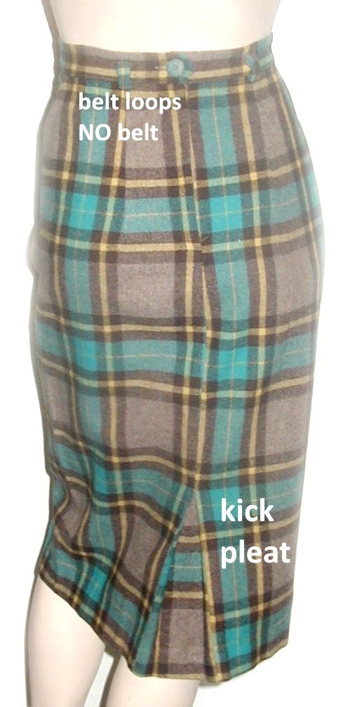Preppy PLAID WOOL PENCIL SKIRT Teal cocoa golden 24W Vintage 1950s Wiggle TAB