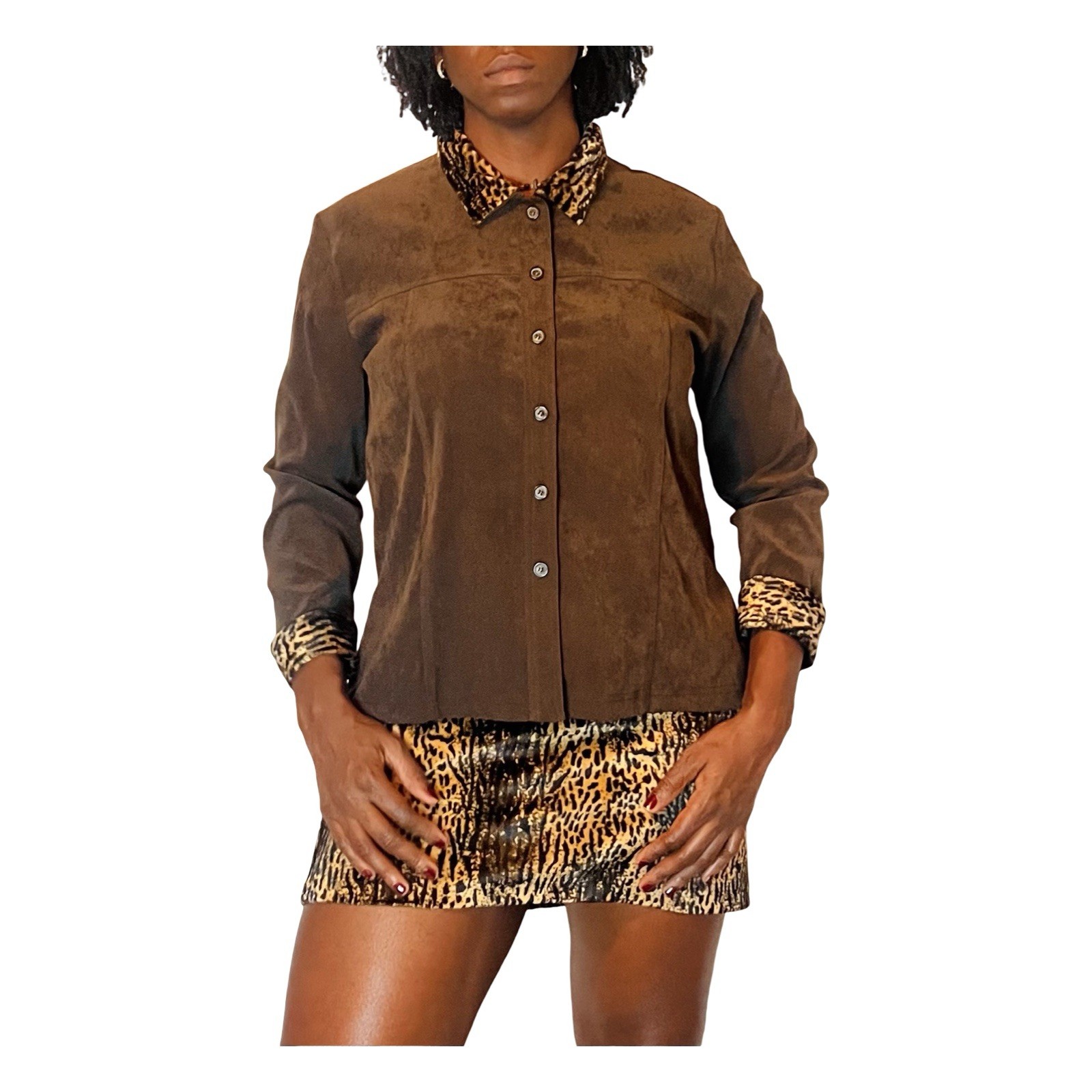 Two Piece Vintage Women Brown & Black Leopard Collar Shirt Blouse & Skirt