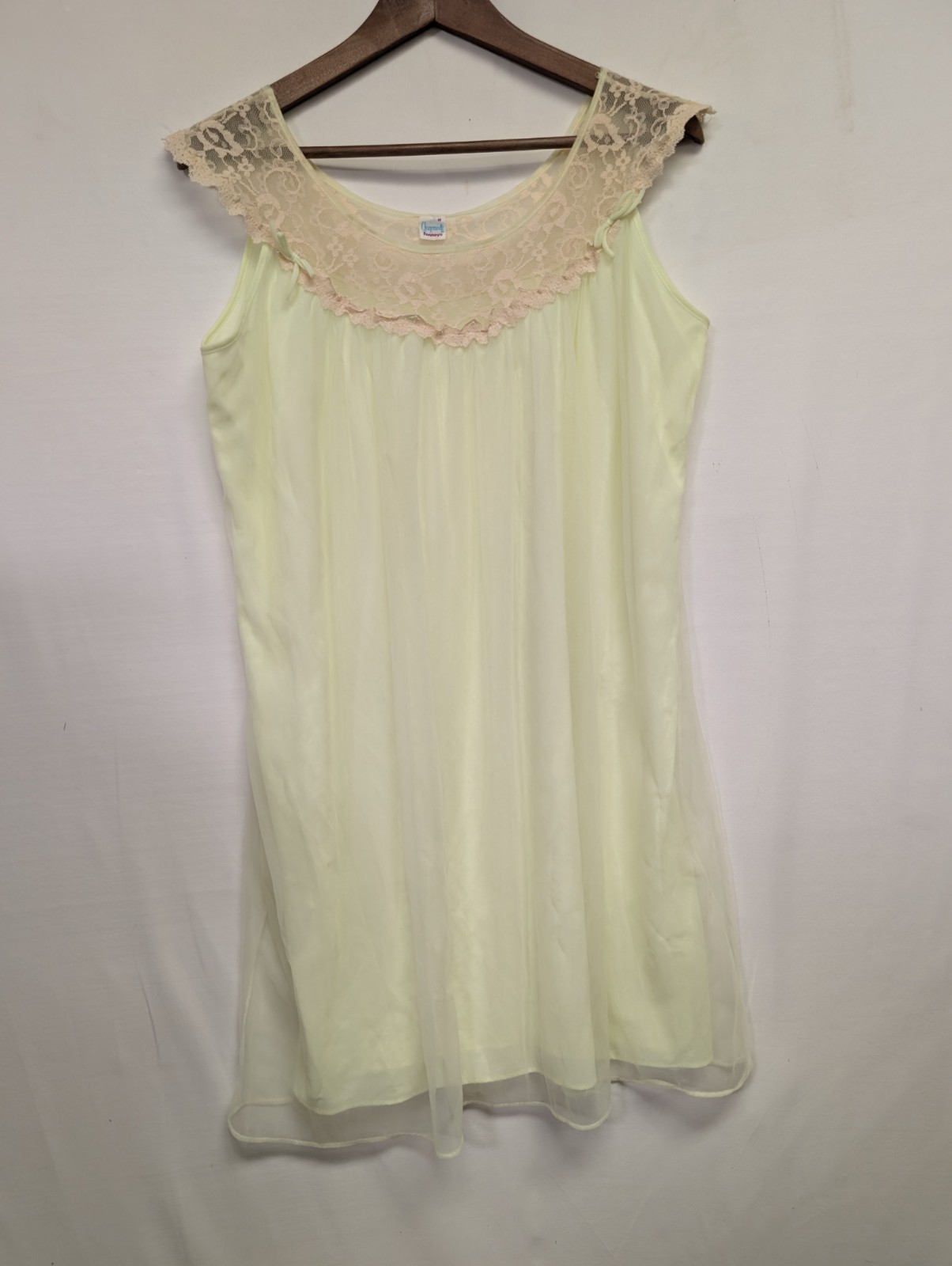 Vintage Penneys Gaymode Chiffon Peignoir Nightgown Neon Yellow Green sz L Lace