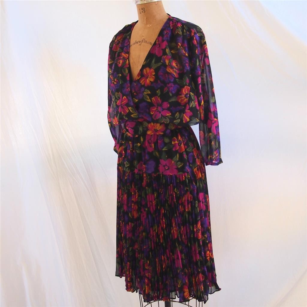 Vintage 80s PHOEBE Floral Pleated Elastic Waist Belted Dress Secretary USA 10