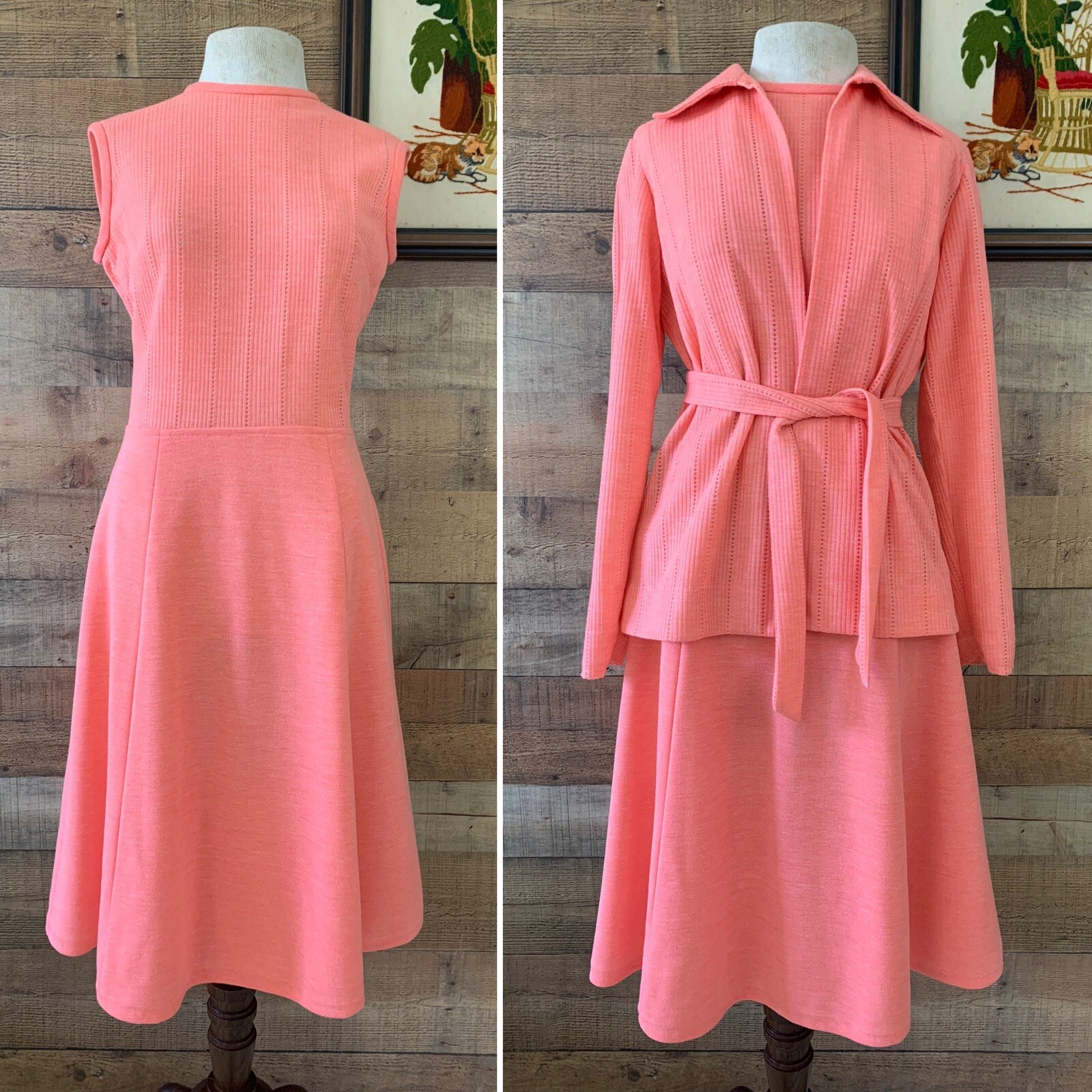 Vintage 1960s 1970s Mod Bleeker Street Knit Matching Dress Jacket Set Size S/M