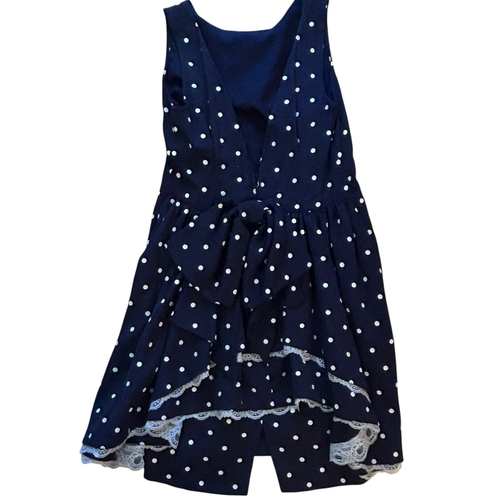 Vintage 1980s 1990s Polka Dot Dress Navy Blue Bow Lace Trussel Size XS or S