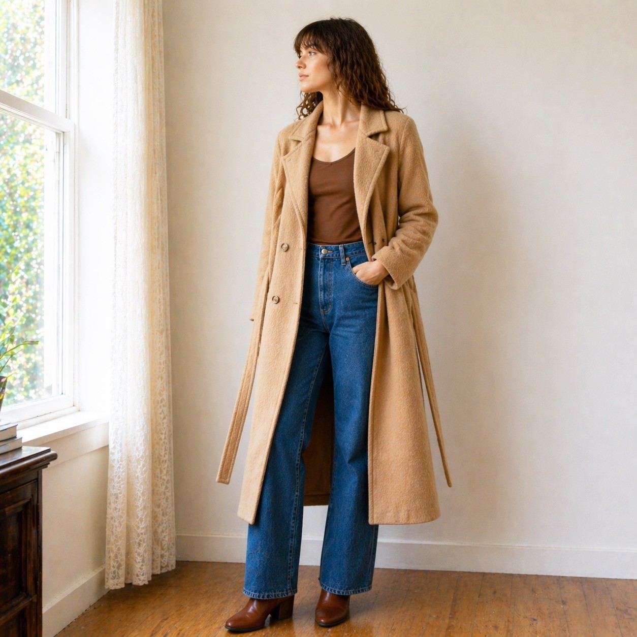 Vintage 100% Camel Hair Double Breasted Coat Womens Belted Long Tan Winter Coat