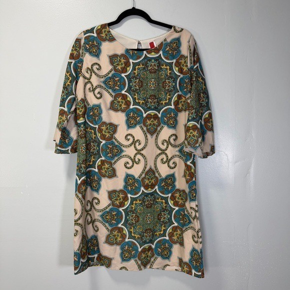 Vintage GiBiu Womens Medallion Paisley Print Bell Sleeve Shift Dress Large