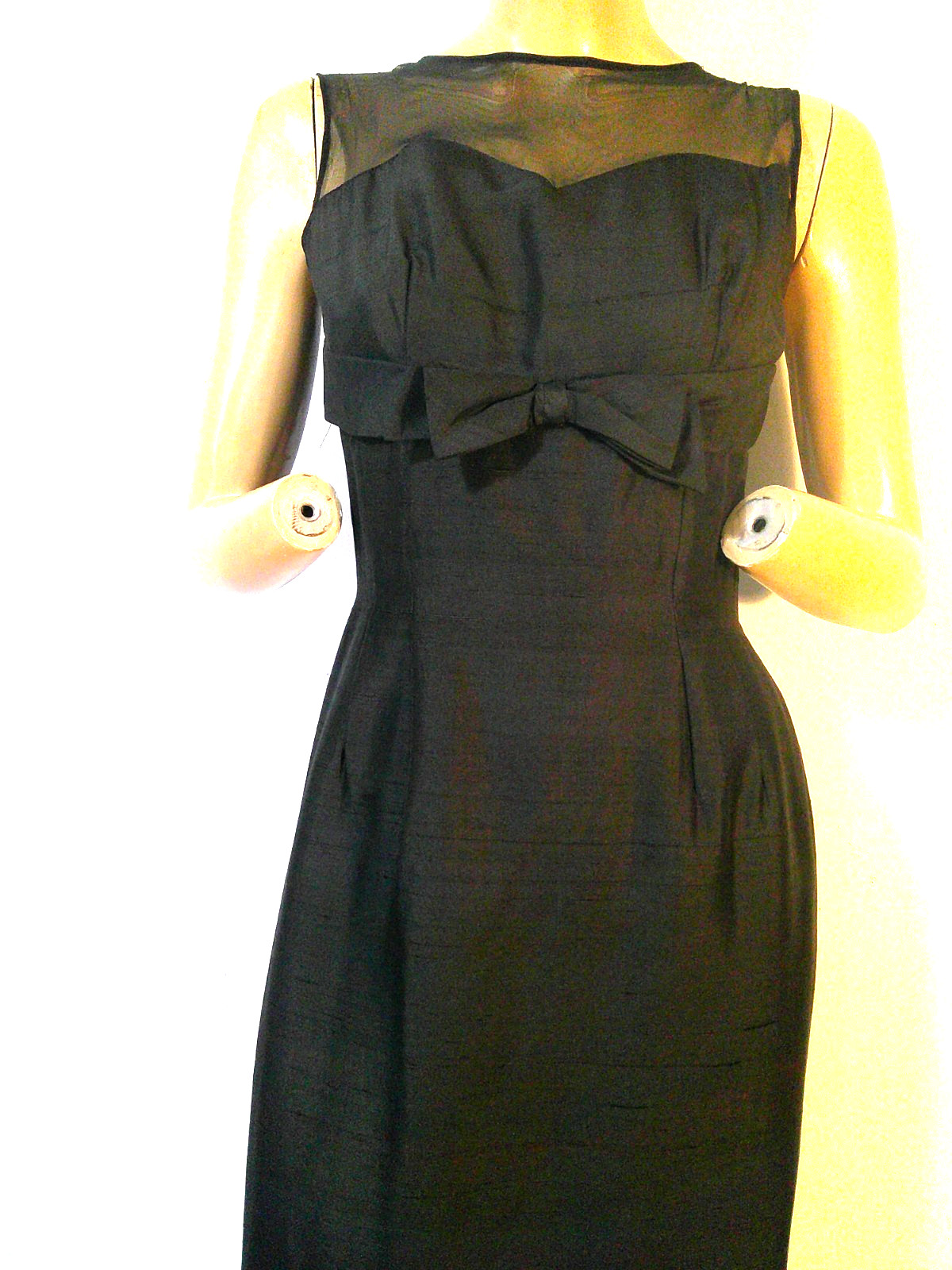 Vtg 50’s Black Raw Silk Illusion Wiggle Hourglass Pin Up Dress MINT 36-28-38