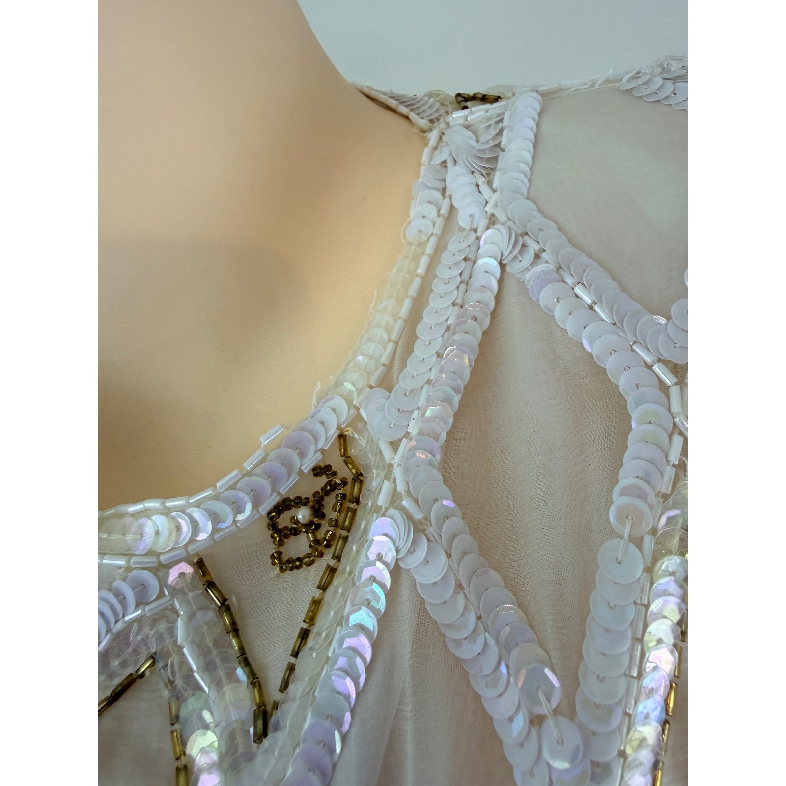 Vintage Silk Beaded Sequin Top White Gold Mermaidcore Pearl Beaded