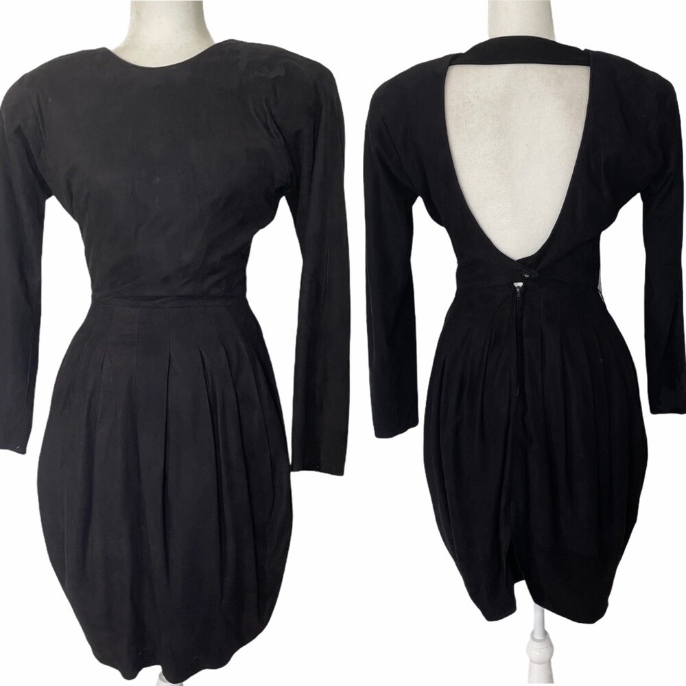 Vintage 80s Vakko Black Suede Bubble Skirt Black Dress Size 4
