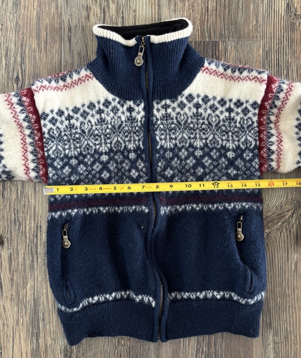Vtg Windfjord Classic Bergen Norway Pure Wool Sweater S Full Zip Blue Red White