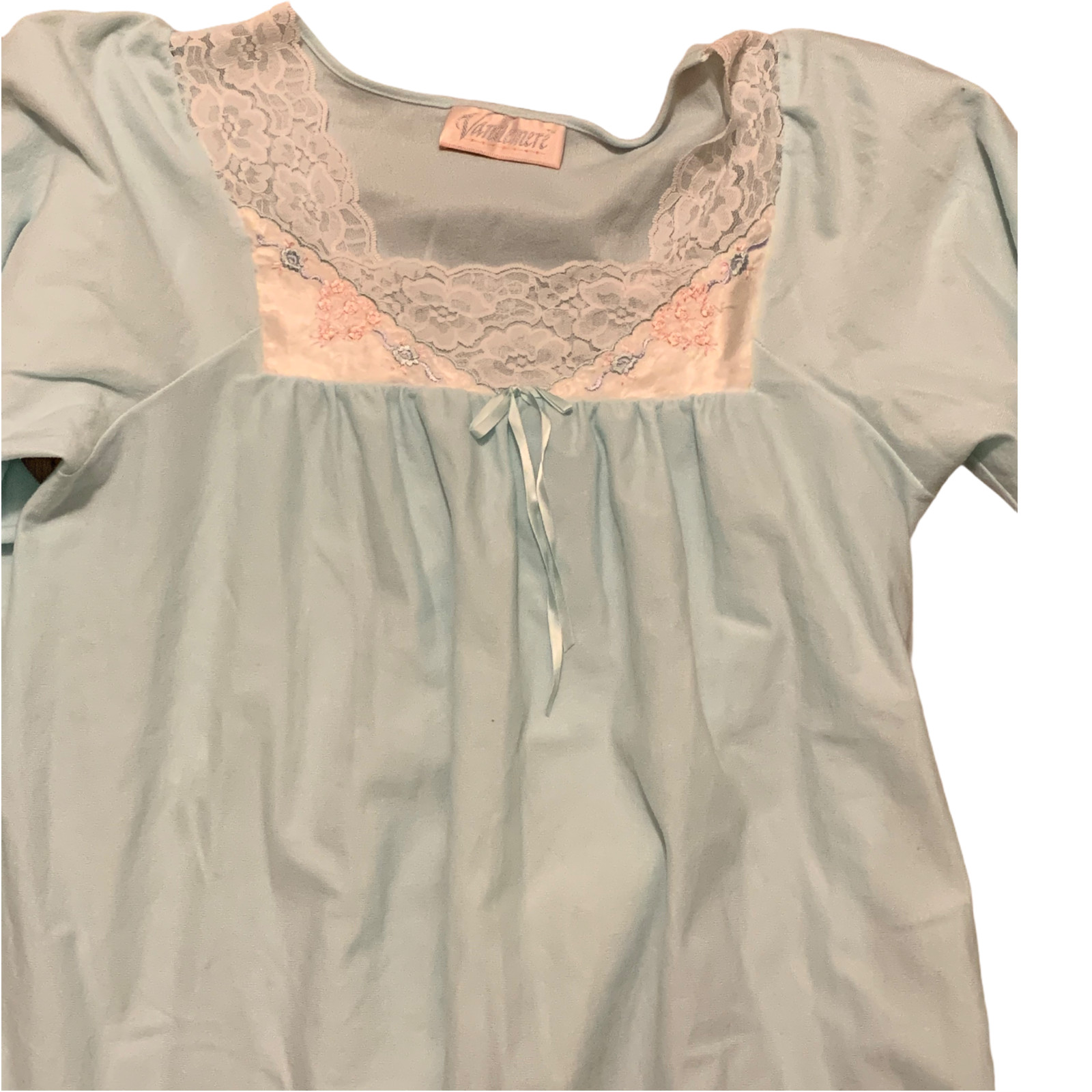Vtg Vandemere Womens Long Nightgown M Blue Embroidered Flowers Medium Lace Bow