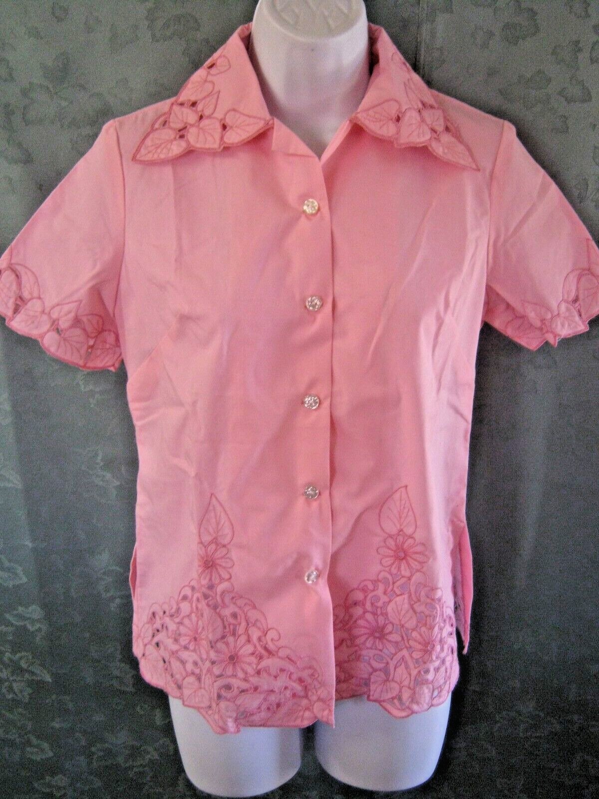 VTG Miss Joyce Shirt Size Small Pink Embroidered Lace Detail Top Wide Collar
