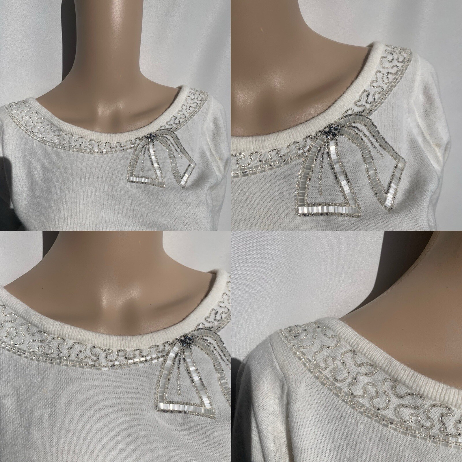 Vintage 50s 60s Beaded Rhinestone Bow Knit Sweater Top
