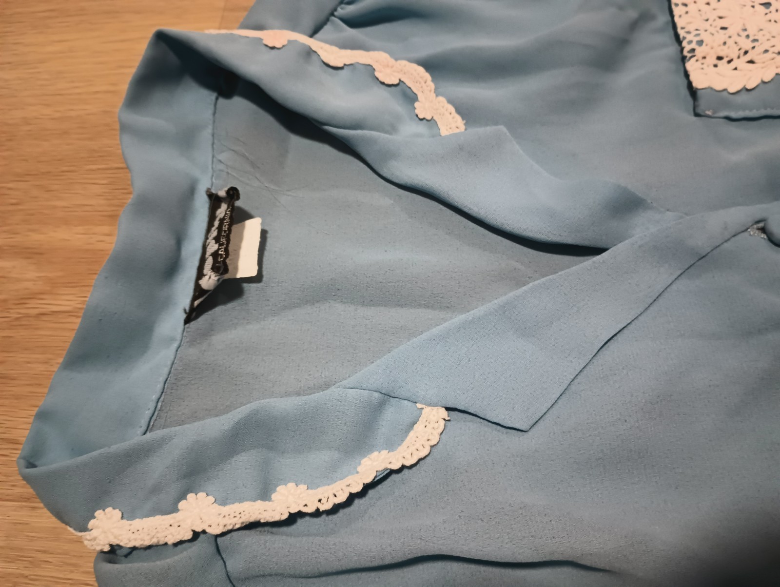 Vtg 70s Semi Sheer Baby Blue MOD Crochet Trim Career Office Blouse Top M