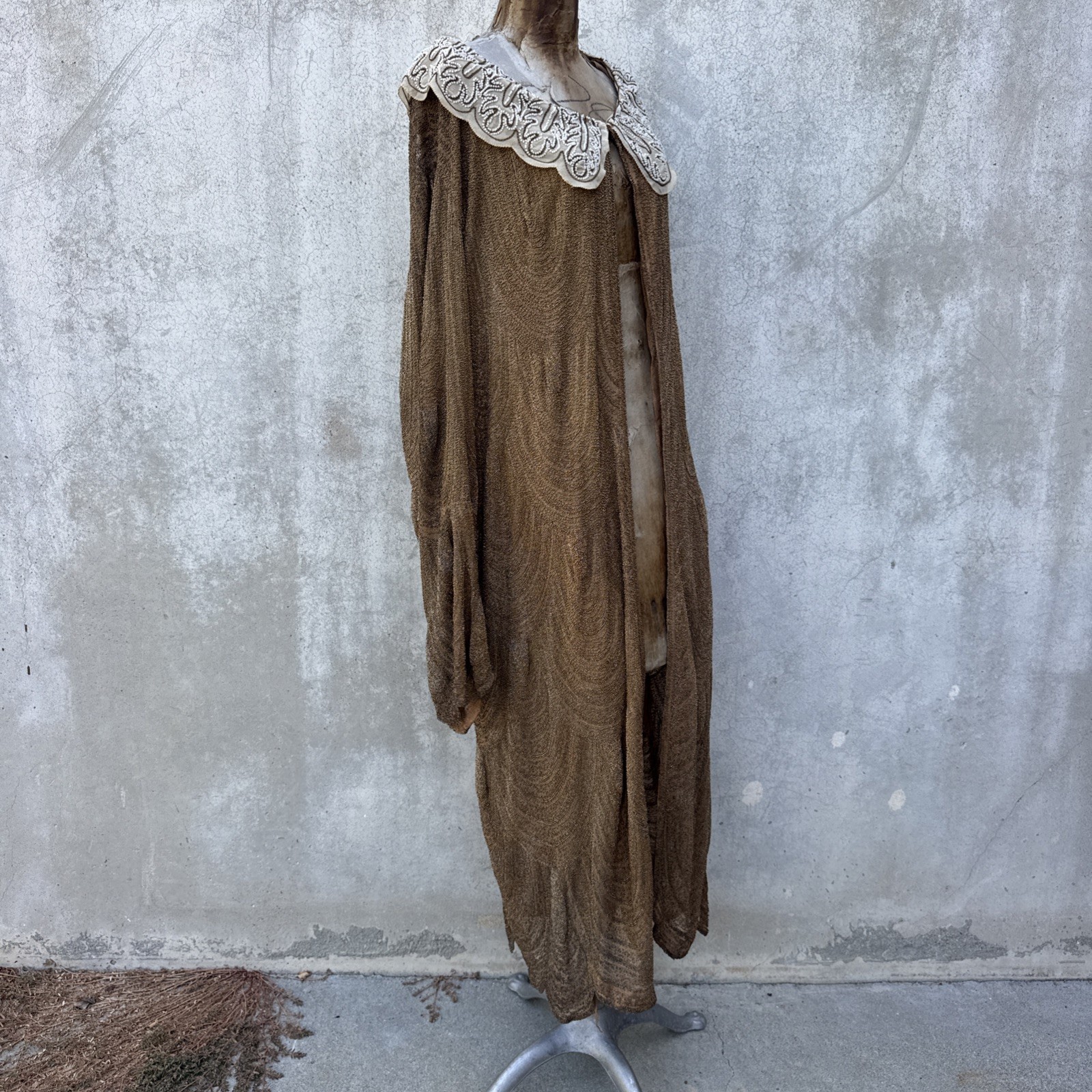 Antique 1920s Completely Beaded Gold Coat Scalloped Hem Art Deco Net Vintage