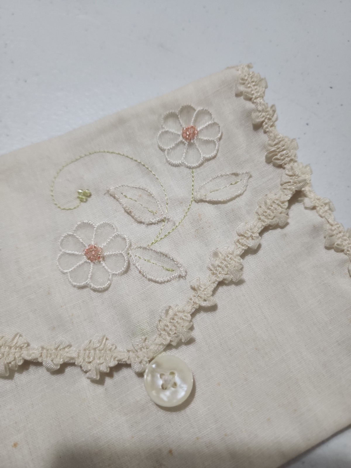 Antique 1920’s Linen Lingerie Hankie bag With Floral Applique Beads, Envelope