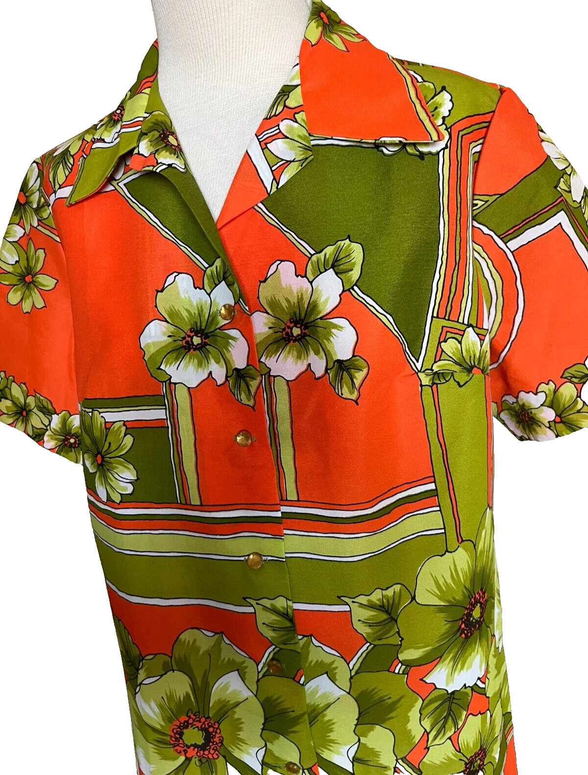 Vintage 1970s Womens Hawaiian Shirt Blouse Top Large Orange Green Floral Retro