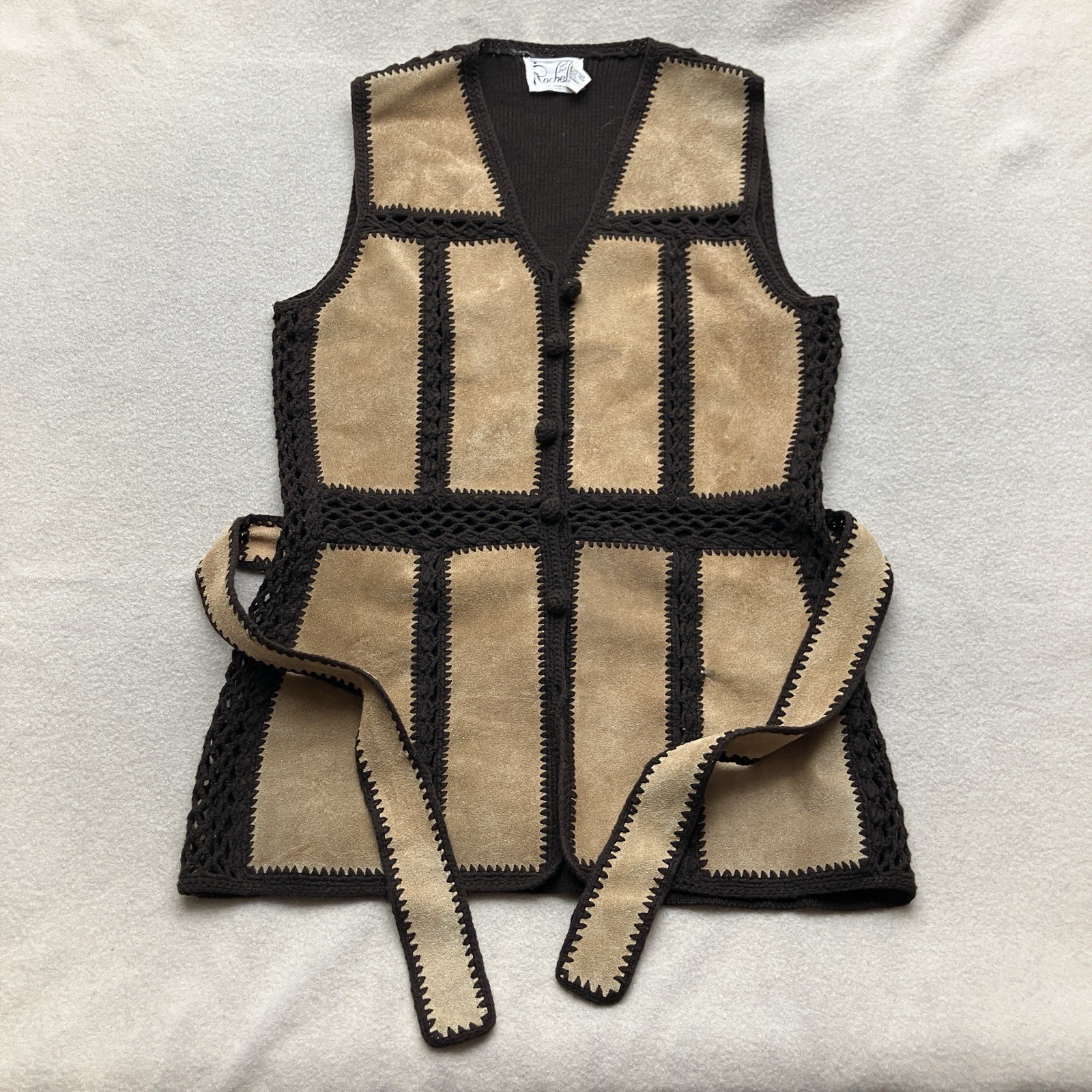 Vintage Rochelle California Western Crochet + Suede Leather Vest Small