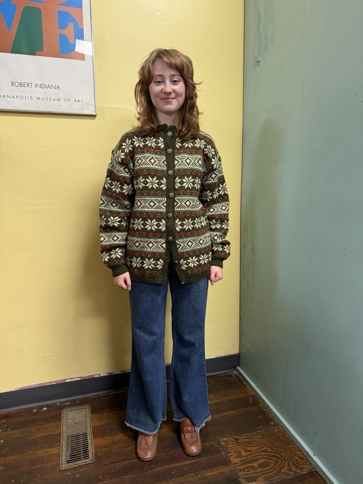 Vintage Hand Knitted Olive Green & Orange Fair Isle Cardigan Sweater M/L