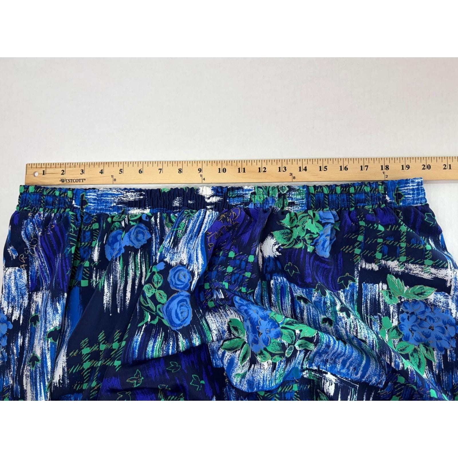 Kensington Square Vintage Blue Green Floral Abstract Midi Skirt Elastic Waist
