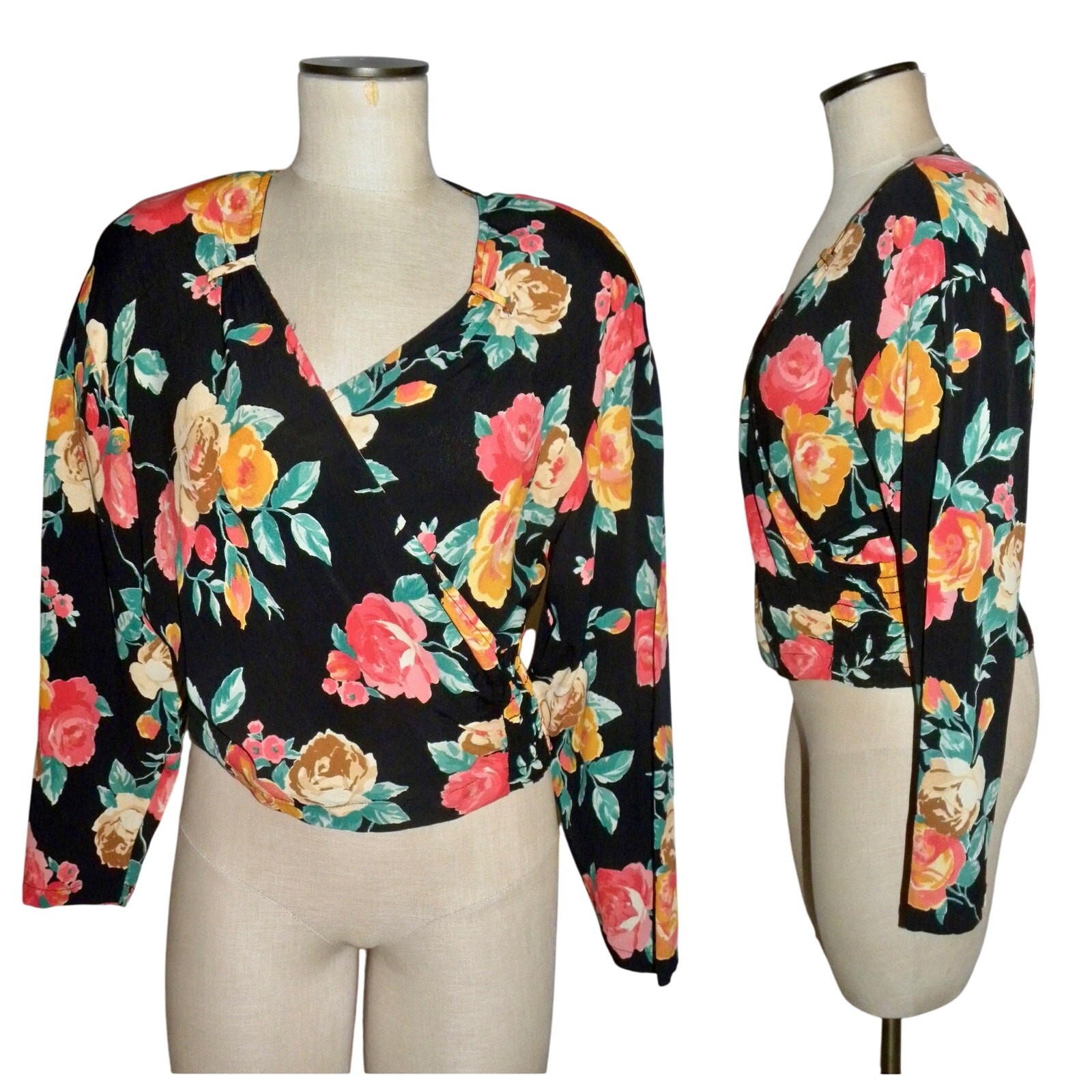 Vintage Carole Little Floral Faux Wrap Blouse | Black Rayon Rose Print Top