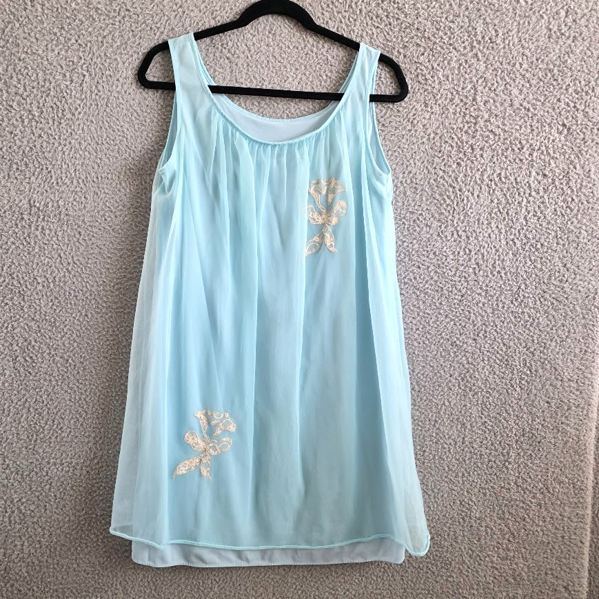 Vintage Nightgown Light Blue Nylon and Chiffon Mid-Century Loungewear