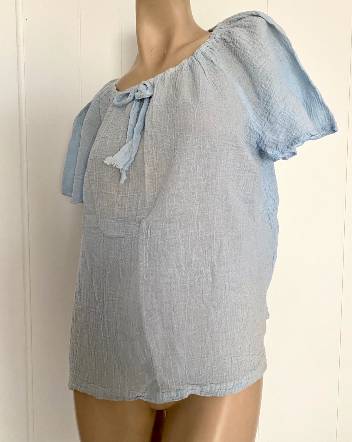 Vintage 1970s Alley Cat Baby Blue Gauzy Cotton Peasant Blouse M L