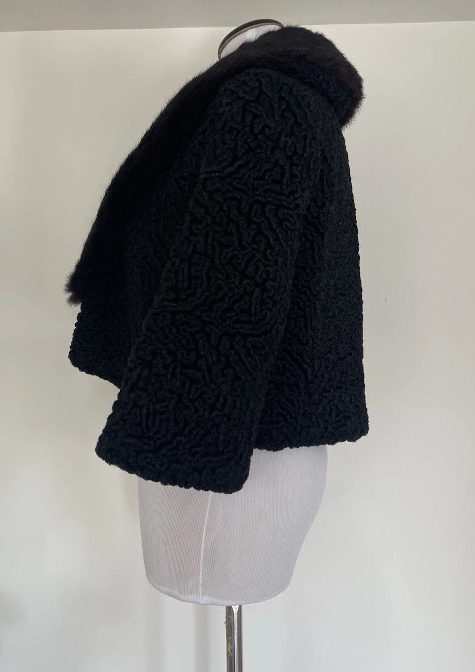 Vintage Black Persian Lamb Curly Wool Short Jacket Fur Collar 3/4 Sleeves