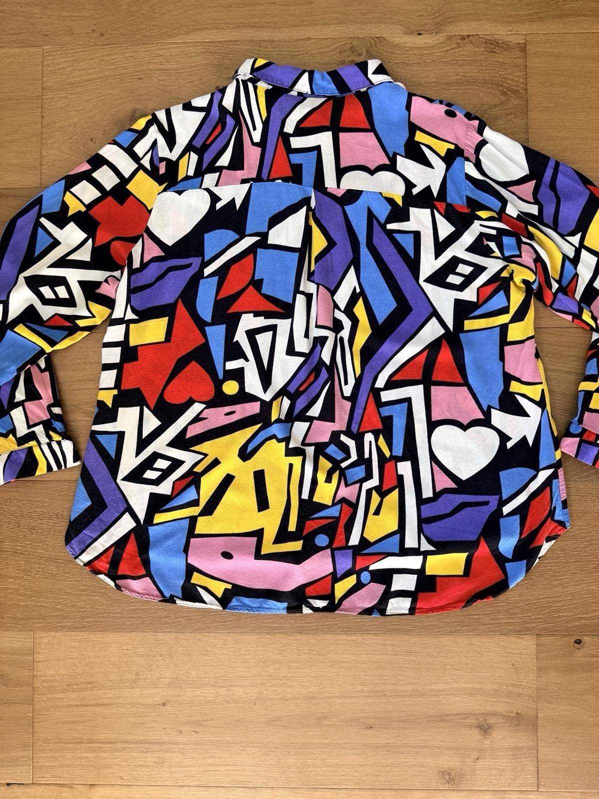 80s Pop Art VTG Button Down Shirt Wm L (*est*) Geometric Heart Print Long Sleeve