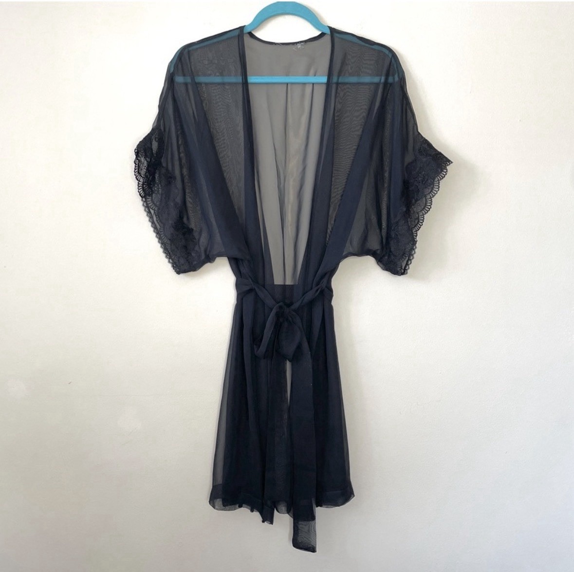 Vintage Black Silk Chiffon & Lace Lingerie Robe Size Small