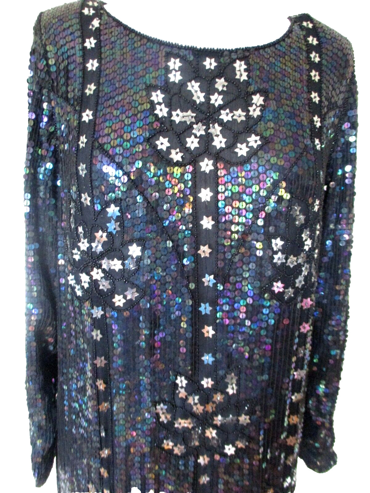 Vtg Valachi Creations Sequin Dress M Women Black Iridescent Sequins Silver Stars