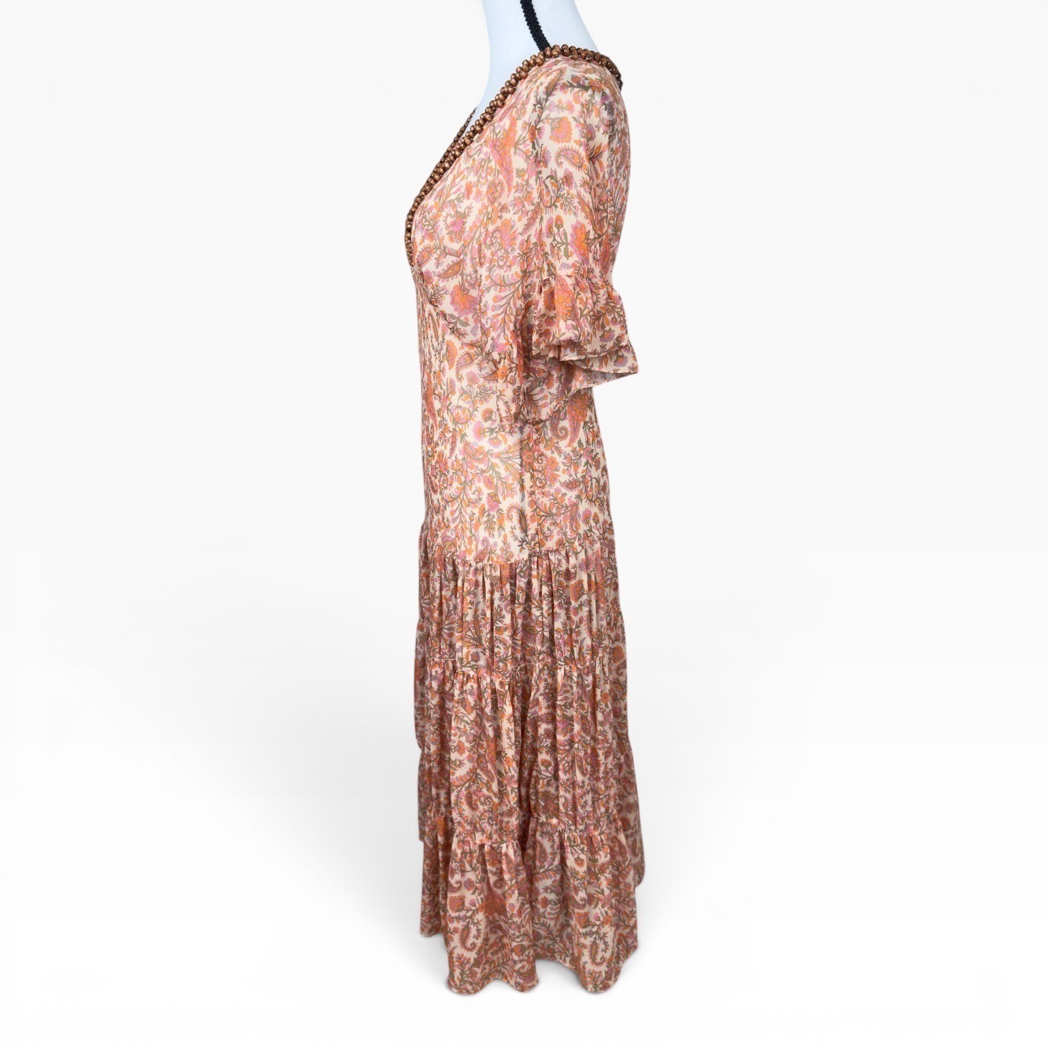 Vintage Sheer Silk Paisley Midi Dress Orange Pink Beaded V-Neck Tiered Ruffle