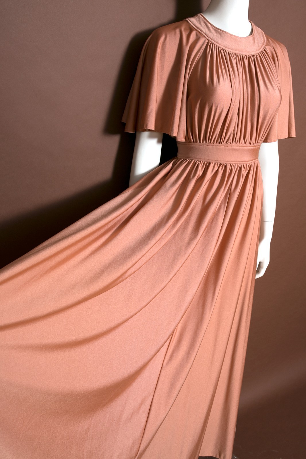 Gorgeous Vintage 70s Nude Cocoa Blush Draped Maxi Dress with Full Skirt