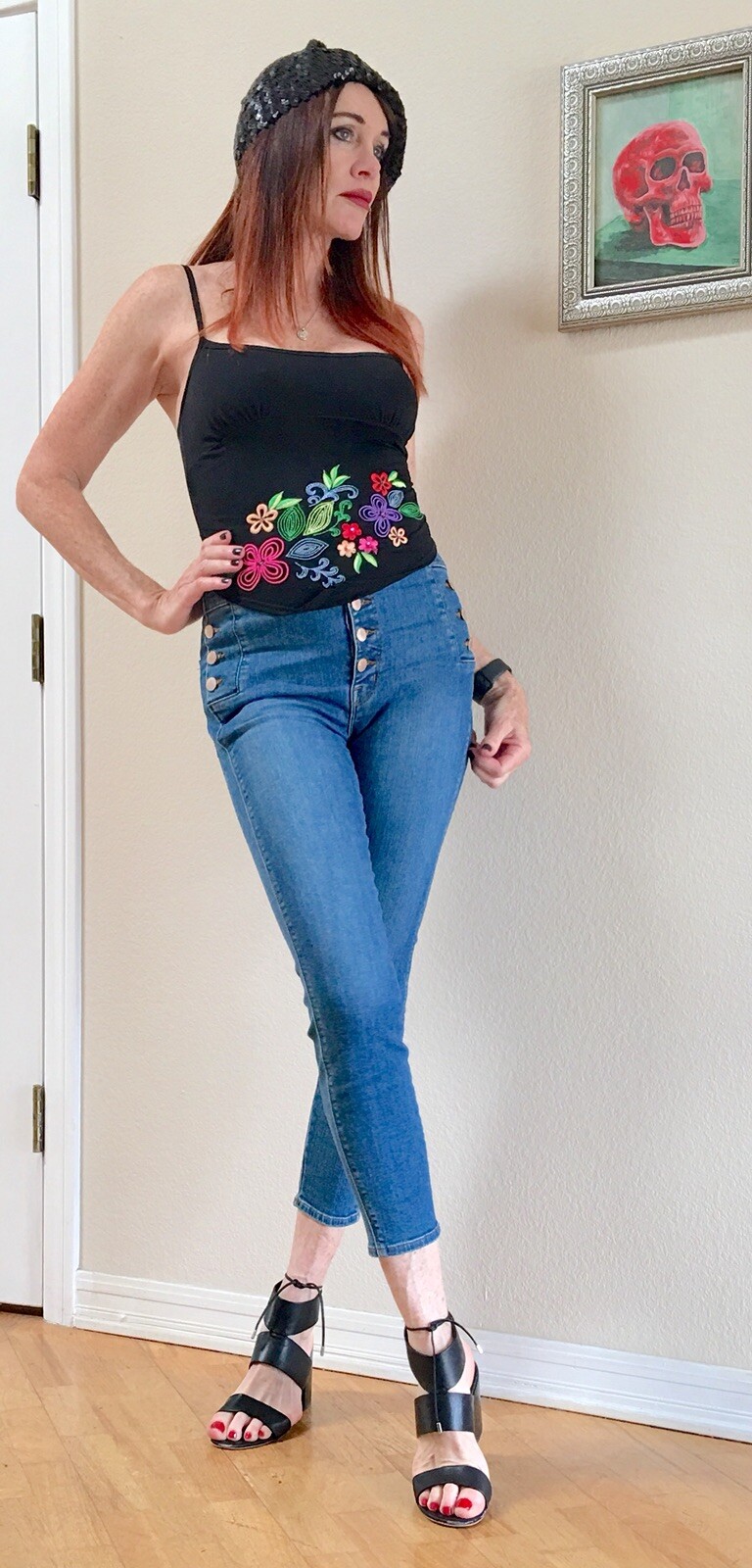 Vtg Bisou Bisou Black Embroidered Crop Top S