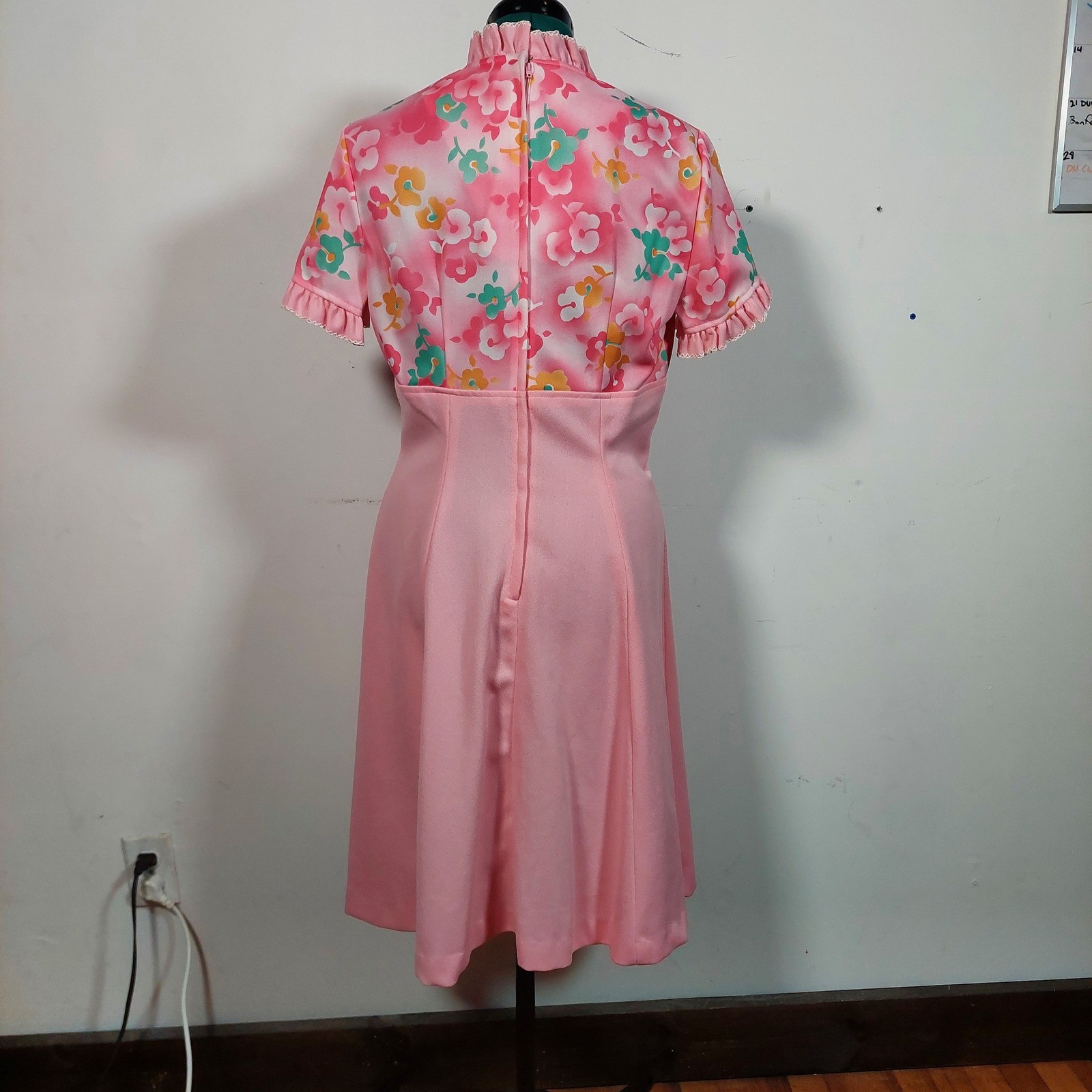 Vintage 70s Pink Floral Empire Waist Mini Dress Ruffle Trim Mod Boho