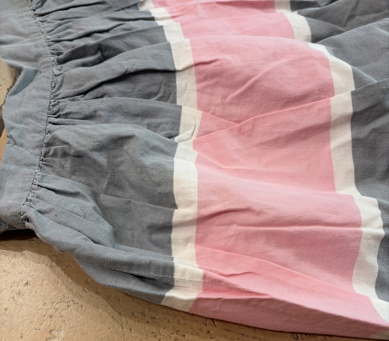 1970’s 31″ Long Unfinished Homemade Stripped Skirt Gray, Pink & White