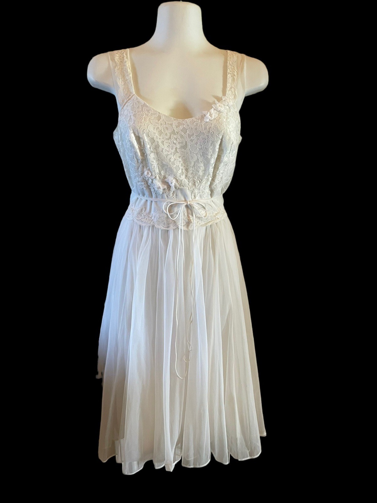 Vintage 50’s Shadowline Nylon Chiffon Lace Nightgown Bridal 32 Ivory Belt Waist