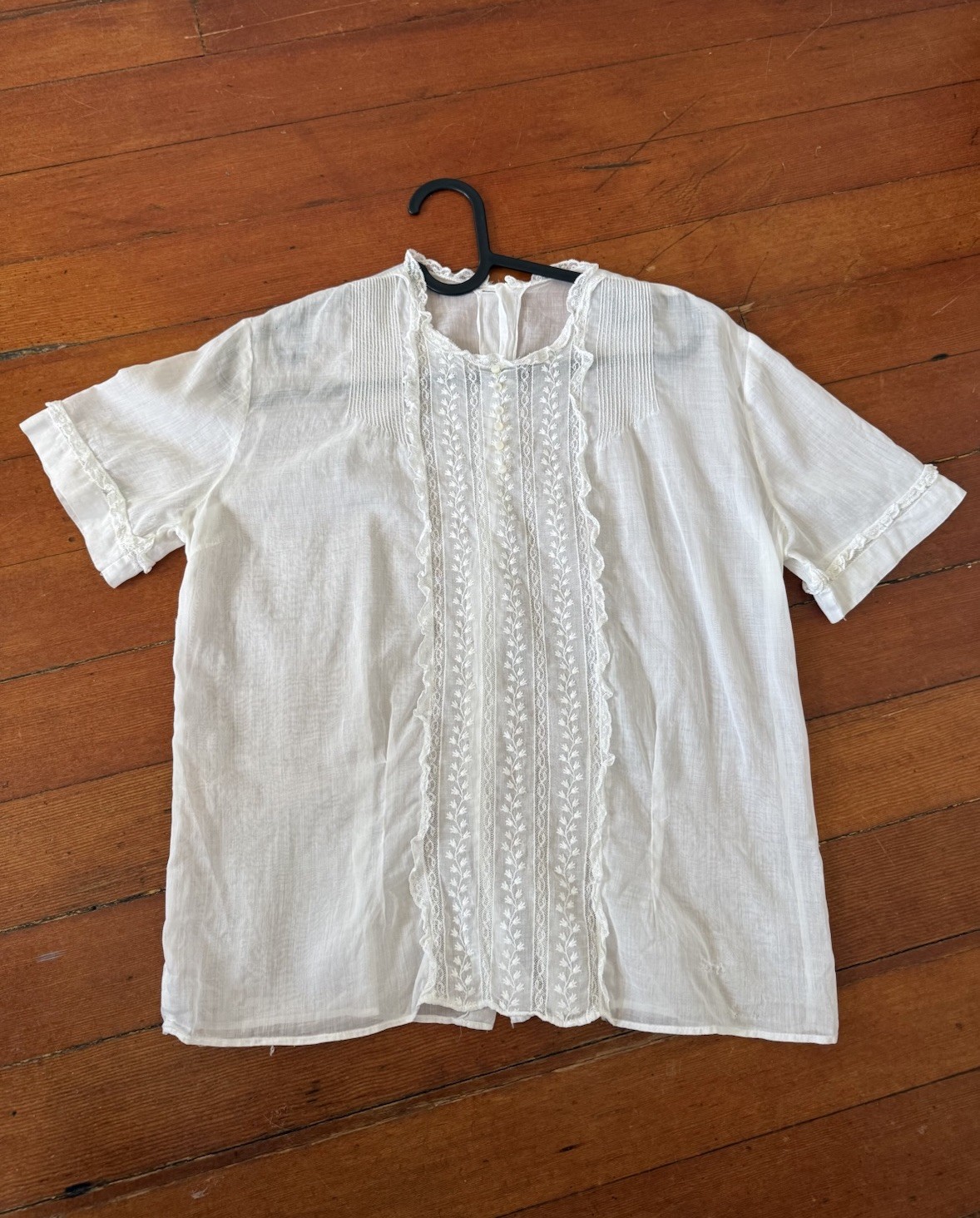 Antique Edwardian 1910s Sheer While Cotton Voile Blouse Embroidered Lace Panels