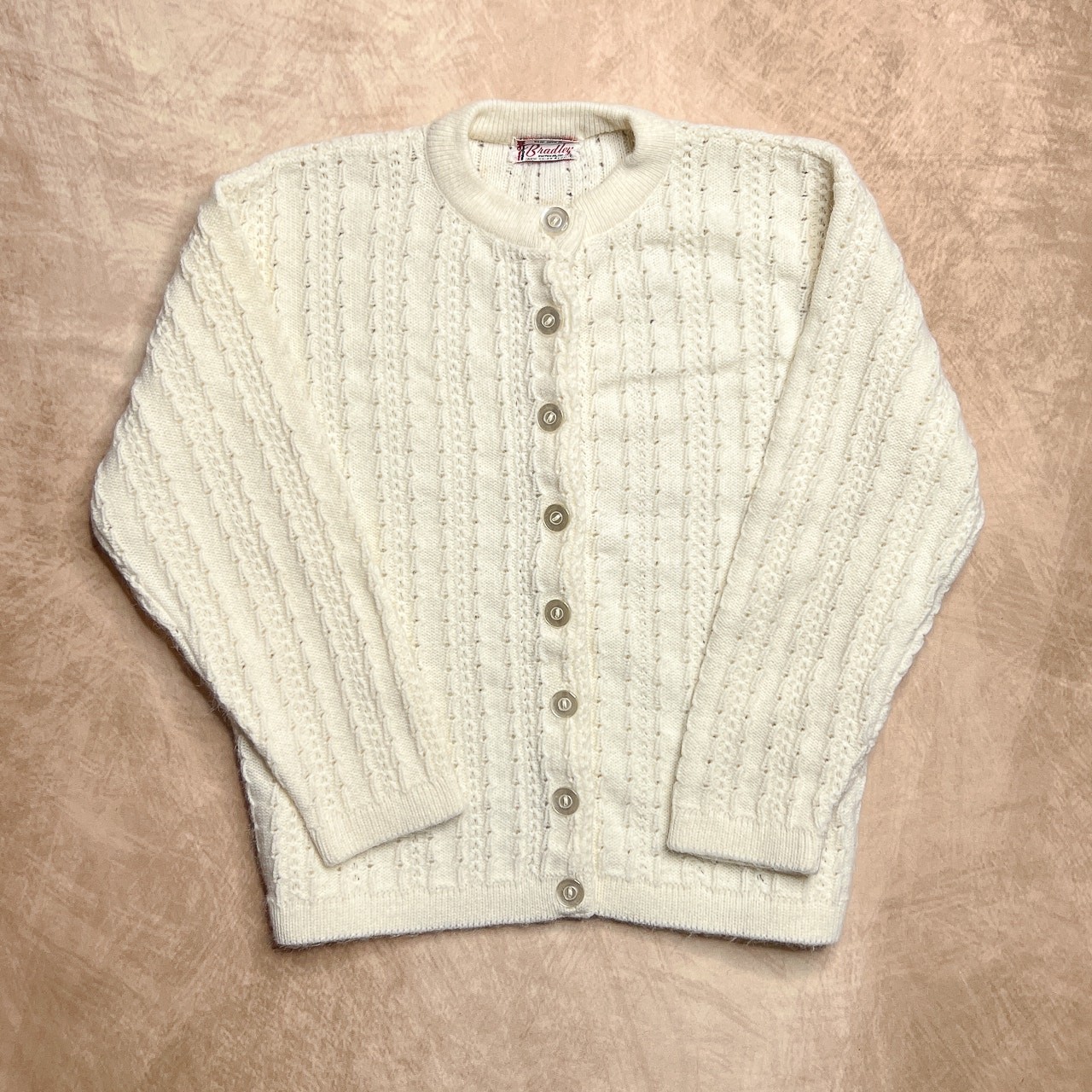 Vintage 60s Bradley Cardigan Sweater Cream Crochet Knit Cottagecore Coquette