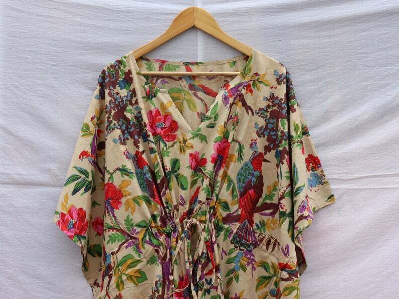 Bird Printed Caftan Woman’s Plus Size Tunic Beach Maxi Poncho Dress Summer Cloth